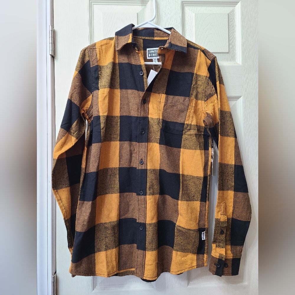 NWT Mens Dk Yellow Plaid Flannel xs